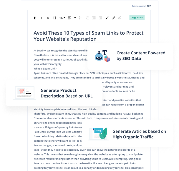Create Content Powered by SEO Data, Generate Product Description Based on URL, Generate Articles based on High Organic Traffic